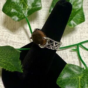 NWT Silver-Tone Filigree Heart Ring with Oval Tiger’s Eye Style Stone, Size 6